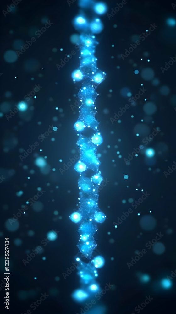 Poster abstract blue glowing chain structure emits light particles on a dark background