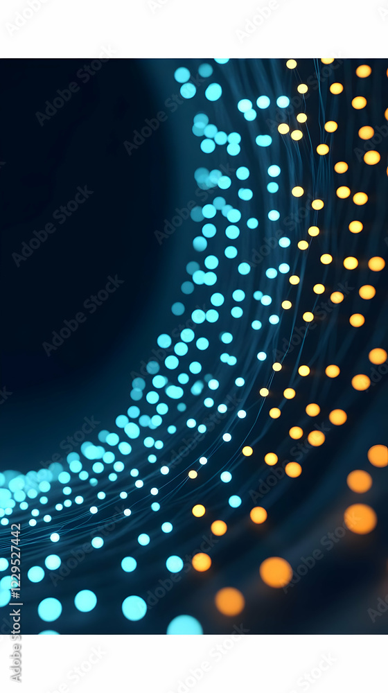 Poster abstract background with glowing particles flowing smoothly in a dark space.