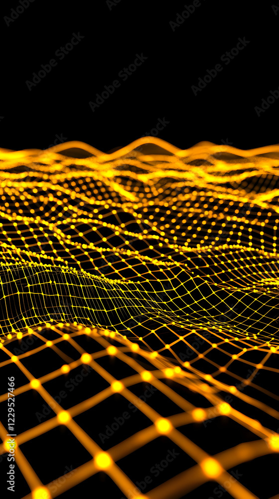 Poster golden grid wave abstract background flows smoothly and elegantly on a black backdrop.