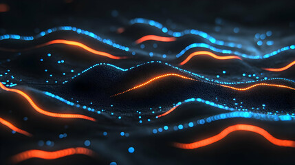 Abstract 3D Render of Wavy Particle Surface with Orange and Blue Lights Dynamically