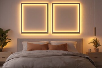 A clean bedroom with two wall frame mockups mounted above a modern bed. Soft warm lighting highlights the frames, adding a sense of tranquility to the scene.