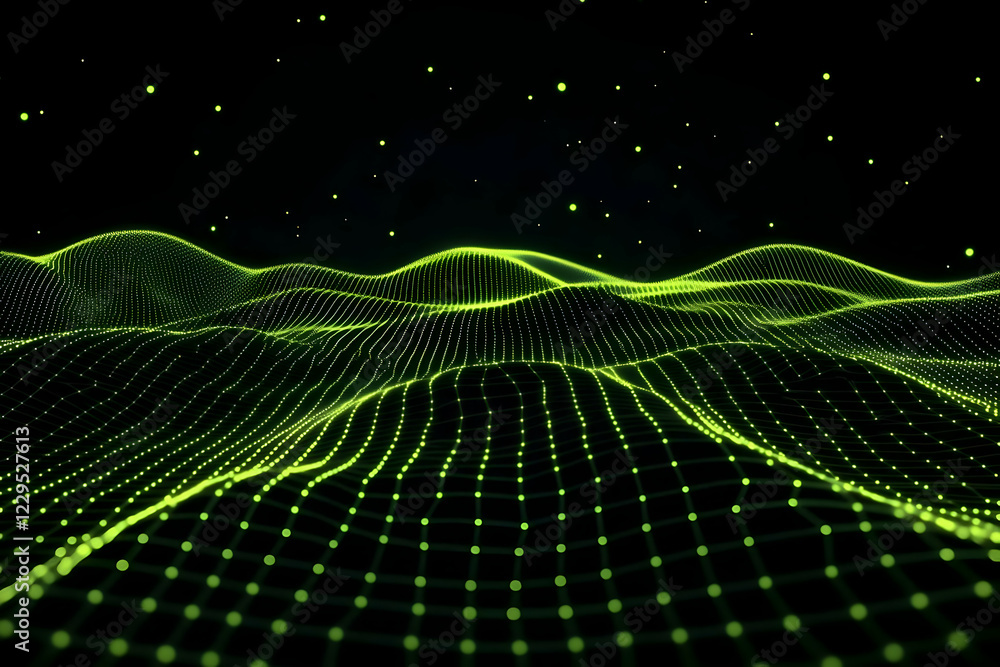 Poster abstract 3d green grid landscape flows smoothly on a dark background with glowing particles