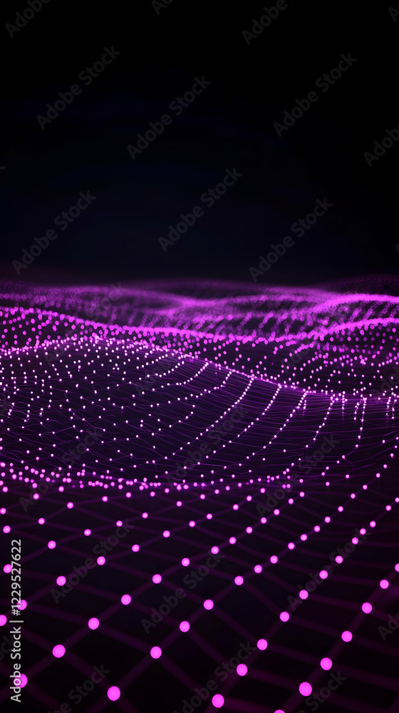 Poster Abstract 3D Purple Landscape Forms a Digital Terrain with Glowing Nodes and Grid on a Dark Background