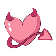 Pink heart with horns and tail vector illustration. Devil heart concept bad love, mascot with demon elements. Anti Valentine's day concept.