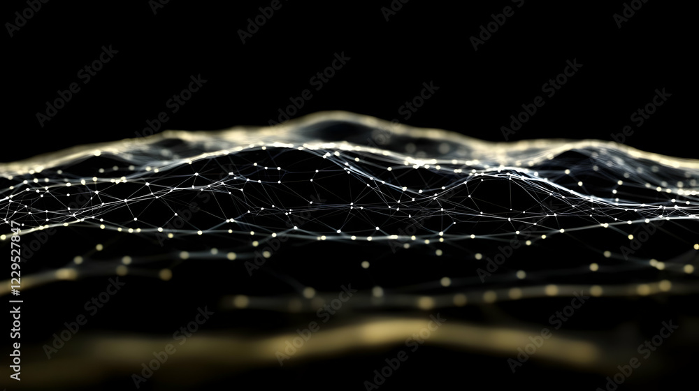 Poster abstract 3d network landscape forms a digital terrain with glowing nodes and connections