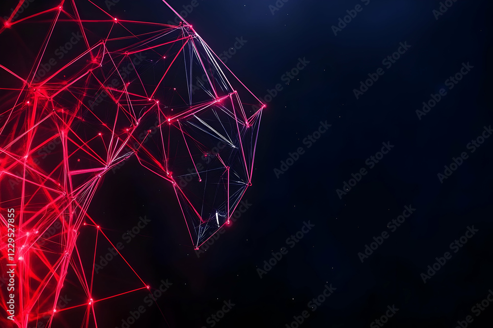 Poster abstract red and white plexus network connecting dots on a dark background with subtle light particl