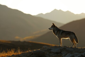 Obraz premium Majestic wolfdog standing on a rocky mountain overlooking a valley at sunset, creating a striking silhouette against the warm hues of the evening sky