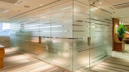 Modern office interior featuring a frosted glass partition with sleek design and greenery