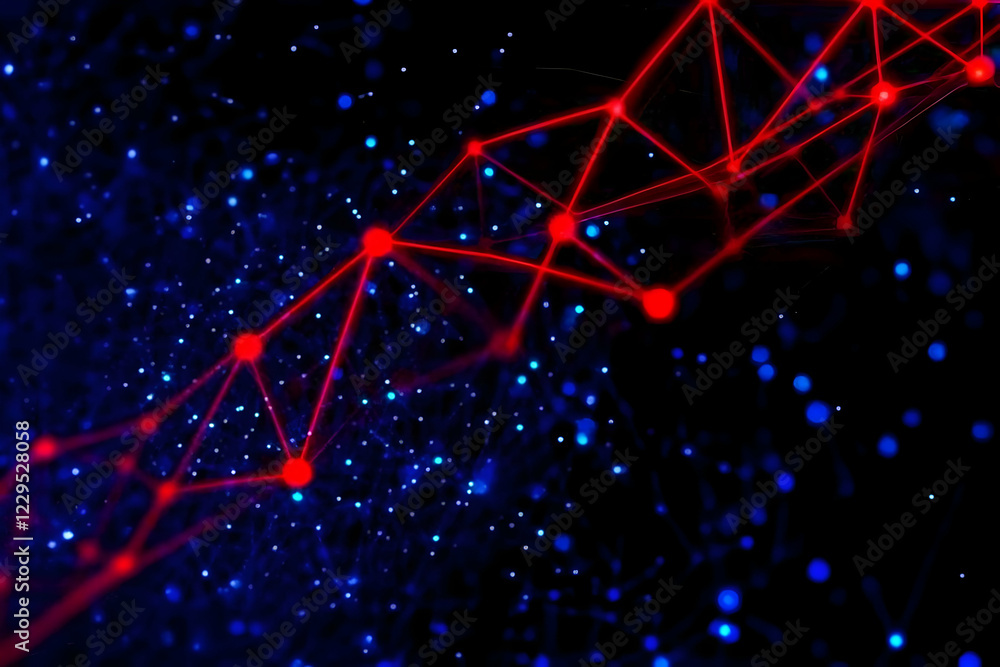 Poster red network lines connect dots on dark blue background with particles abstractly