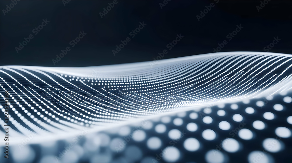 Poster abstract 3d wave of interconnected dots flows gracefully across a dark background.