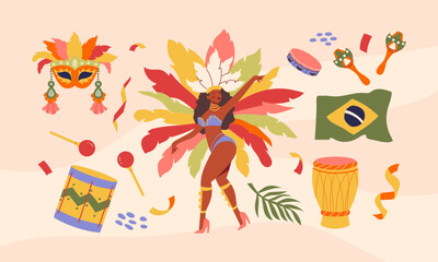Brazilian Carnival. Set of hand-drawn stickers