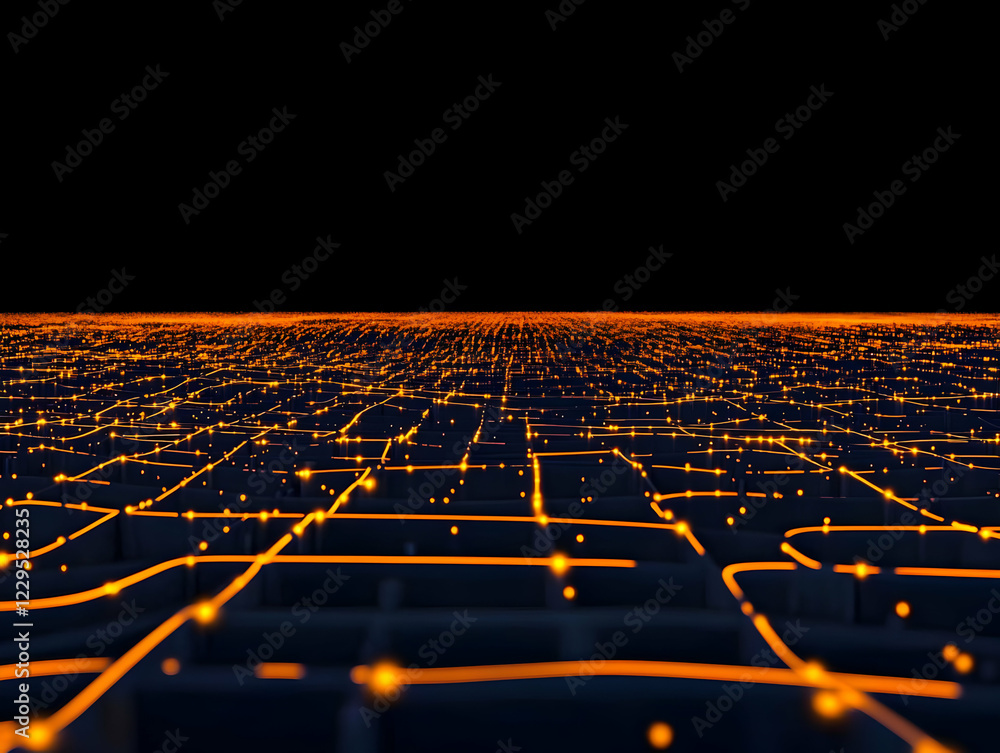 Poster abstract 3d glowing grid with orange lines spreads across a dark background