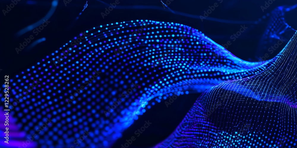 Poster abstract blue wave flows smoothly across a dark background with glowing particles and dynamic motion