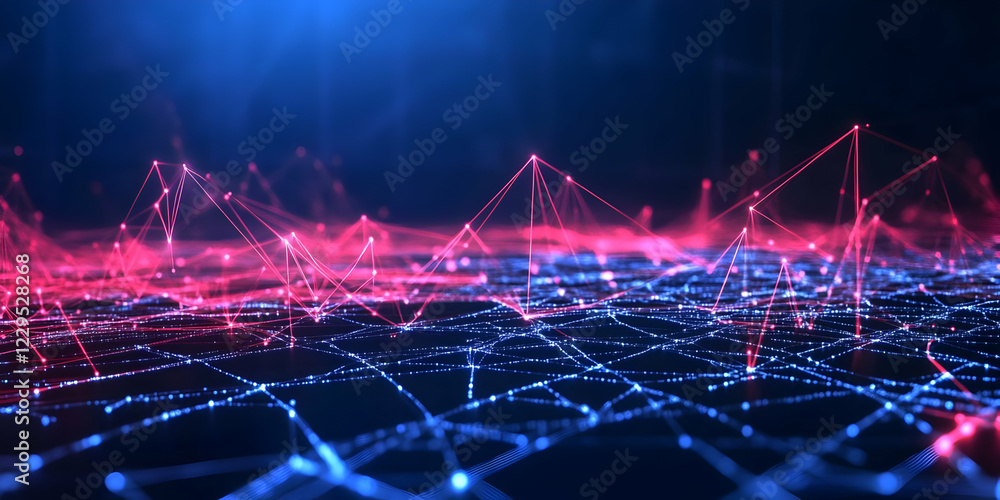 Aufkleber abstract 3d network visualization connects nodes with glowing lines in pink and blue
