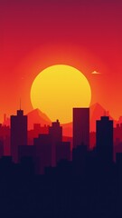 Fototapeta premium City skyline illuminated by a stunning sunset casting shadows at dusk