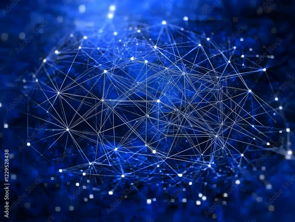 Poster abstract network connects nodes seamlessly in a digital world with blue background