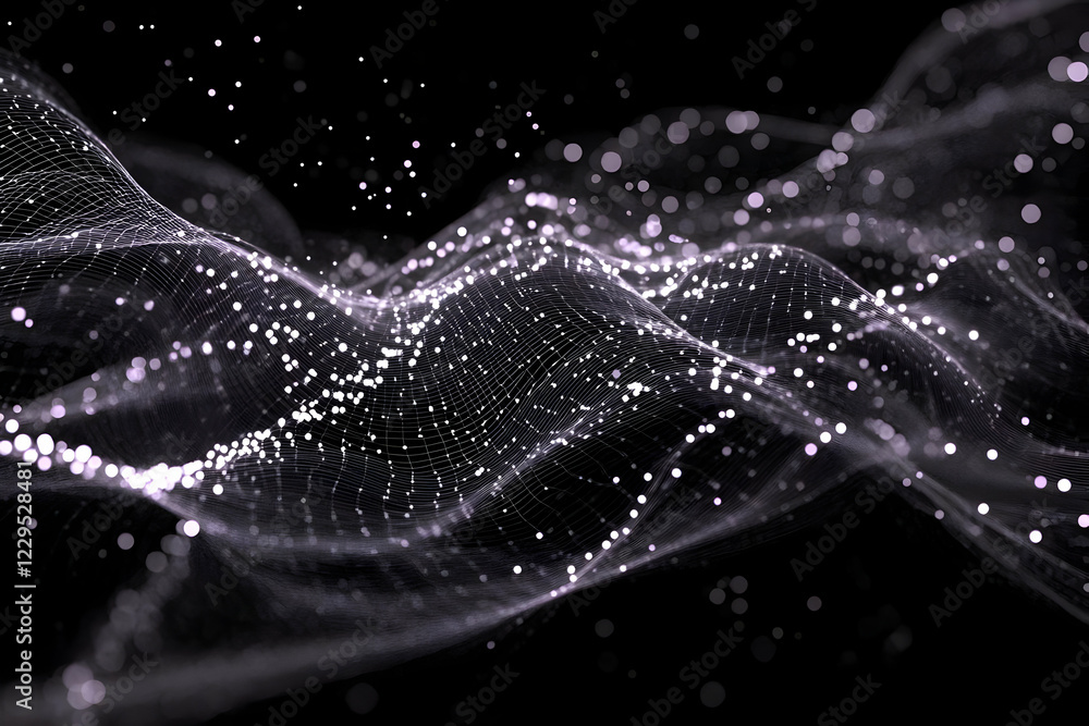 Poster abstract 3d mesh wave flows with particles beautifully on a dark background.