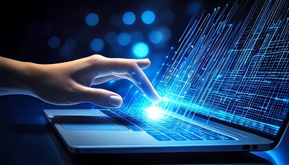 A hand glides across a laptop's touchscreen; glowing blue data streams flow