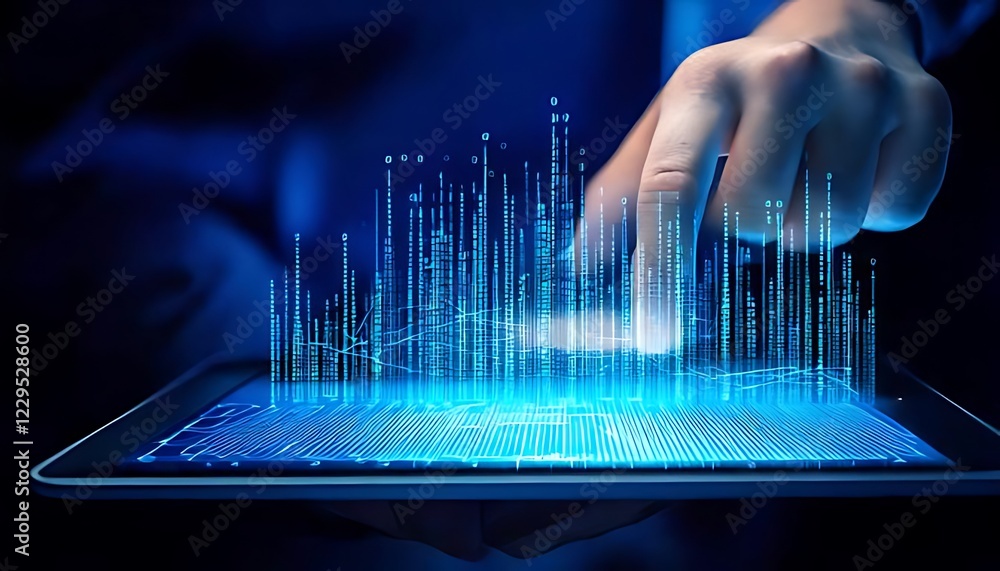 Poster a hand interacts with a futuristic tablet displaying lines of glowing code