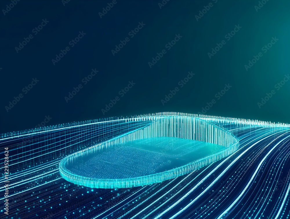 Poster 3d rendered futuristic platform with glowing lines and particles on dark background