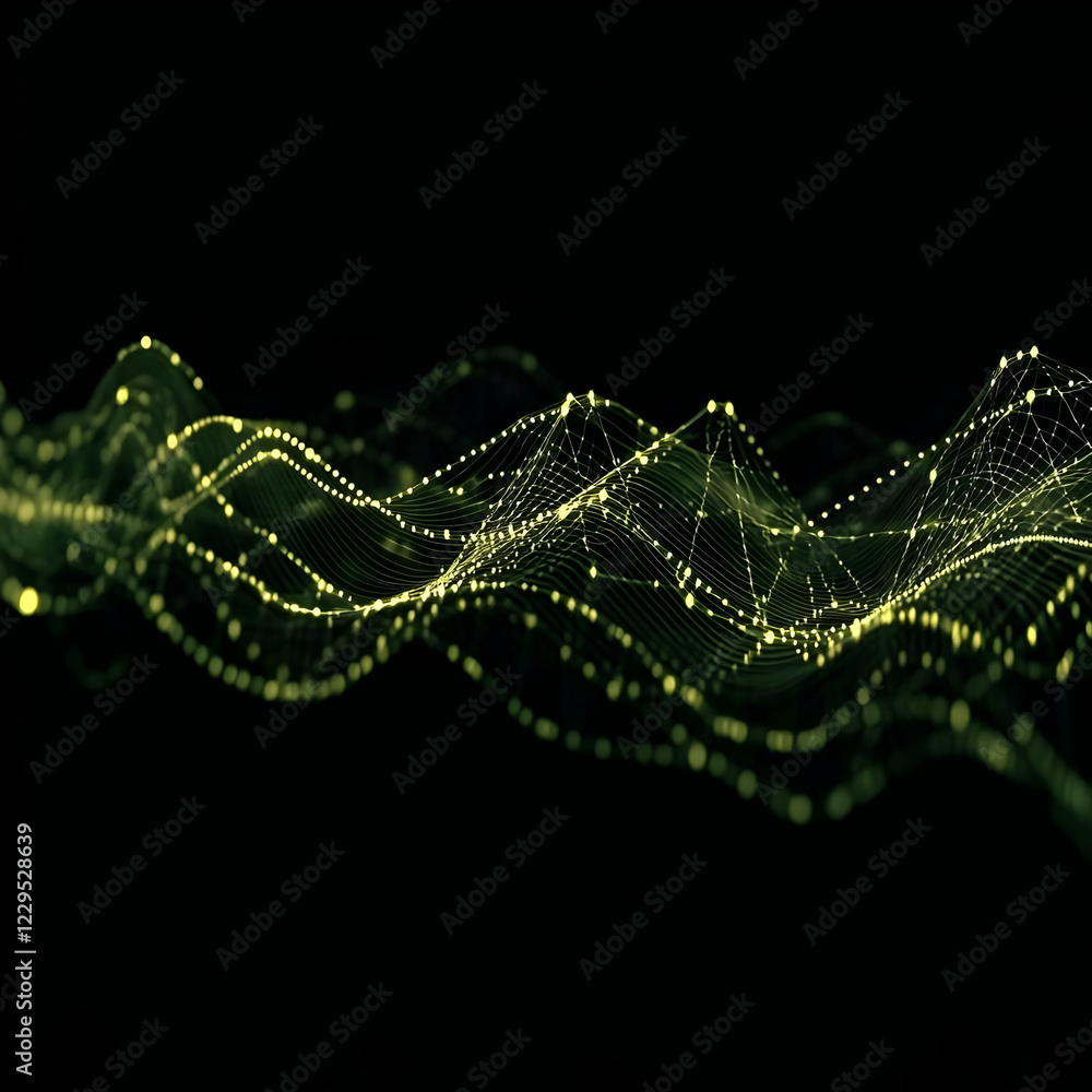 Poster abstract green wave background flows smoothly with glowing dots and lines in a dark environment.