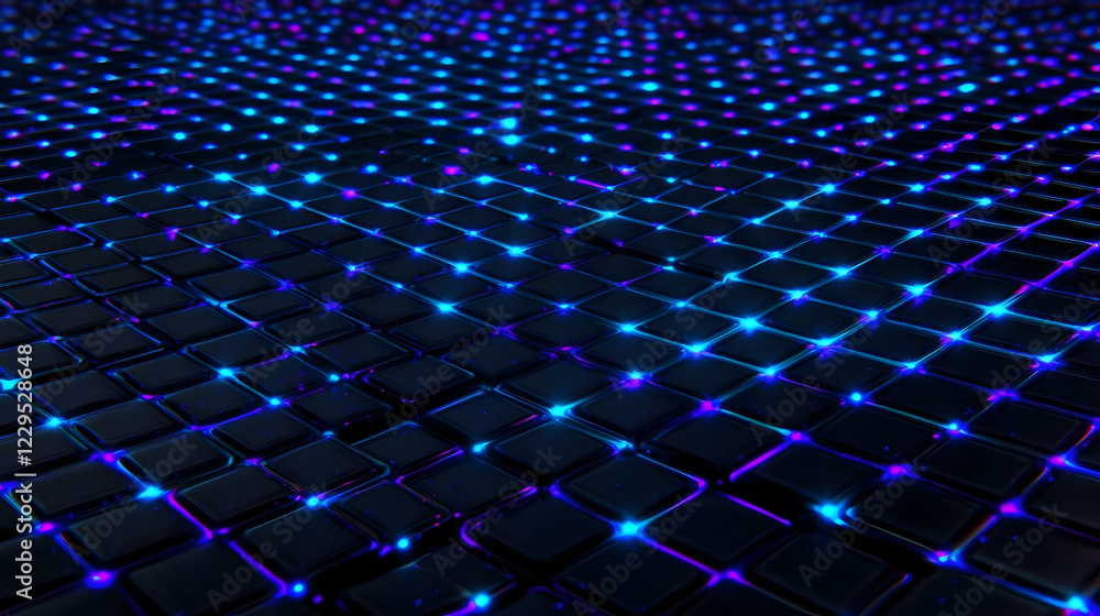 Poster 3d render of glowing neon blue and purple squares creating futuristic grid pattern.