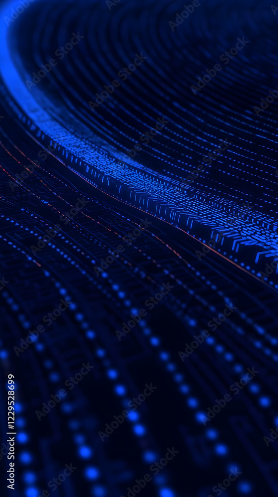 Poster abstract background shows flowing lines and dots in shades of blue, creating a sense of depth and mo