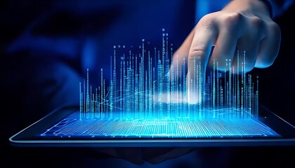 A hand interacts with a futuristic tablet displaying lines of glowing code