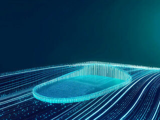 3D Rendered Futuristic Platform with Glowing Lines and Particles on Dark Background