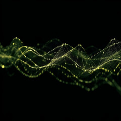 Obraz premium Abstract Green Wave Background Flows Smoothly with Glowing Dots and Lines in a Dark Environment.