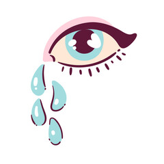 Crying female eye vector illustration. Sad emoji of eye with tears. Cartoon anti Valentine's day concept of resentment, pain and sadness.