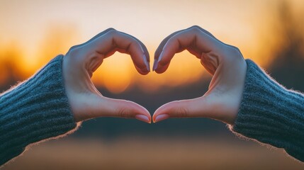 Obraz premium Hands Forming Heart Shape Against Warm Sunset Sky