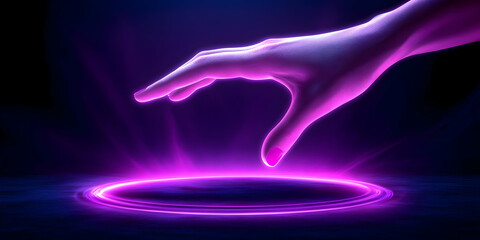 3D Hand Reaches for Glowing Neon Circle on Dark Surface with Purple Light Rays