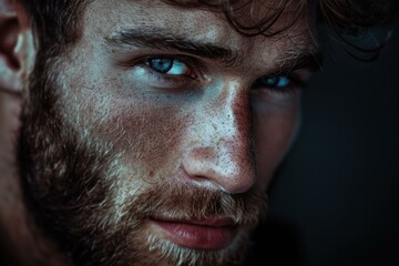 Obraz premium Close up studio portrait highlighting captivating blue eyes and rugged features of a confident male model