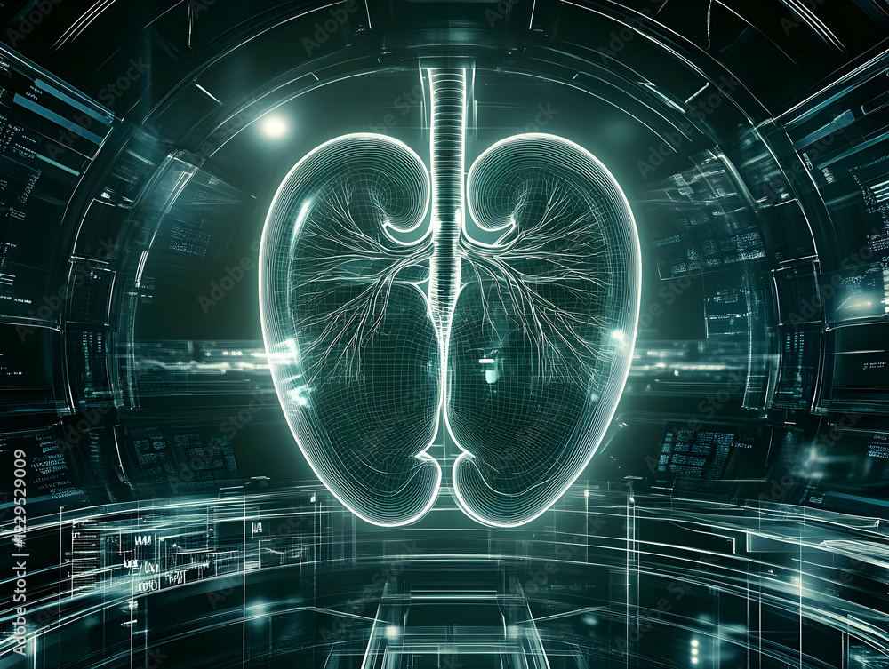 Poster 3d wireframe lungs glowing in futuristic medical interface with data streams