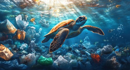 Obraz premium Sea turtle gracefully swims through polluted ocean waters filled with plastic waste, showcasing the impact of human activity on marine ecosystems