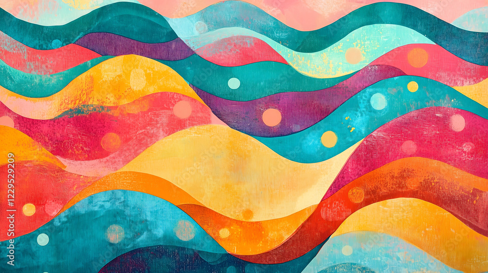 Poster vibrant wavy pattern in playful bright colors creating a lively and cheerful atmosphere. generative 