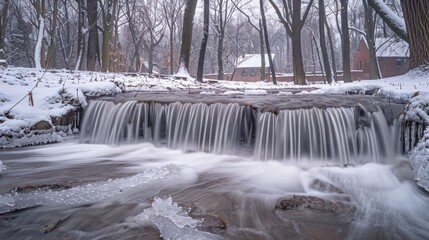 Serene winter scene of a flowing creek with cascading water, surrounded by snow-covered trees and a cozy cabin