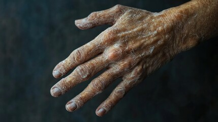 Close-up of a very dry and wrinkled elderly hand against a dark background.  A poignant image representing the passage of time and the beauty of aging.