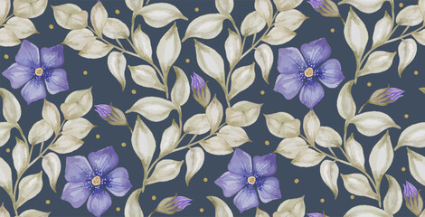 Hand-drawn colorful periwinkle flower seamless pattern, Vinca watercolor botanical texture