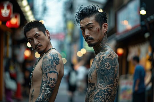 Two yakuza gangsters standing in an alley in shinjuku's golden gai, tokyo, japan