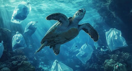 Fototapeta premium Sea turtle swimming gracefully through ocean waters filled with plastic bags and debris, highlighting environmental impact and marine conservation awareness
