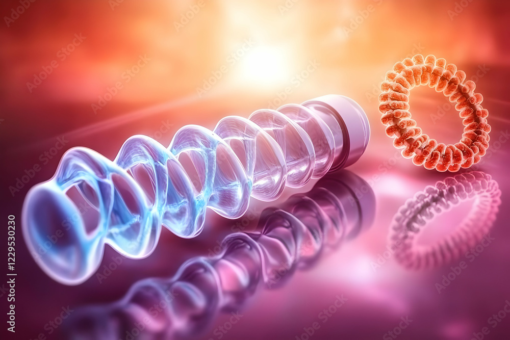 Poster 3d illustration of a dna helix with a circular structure in the background and a reflective surface