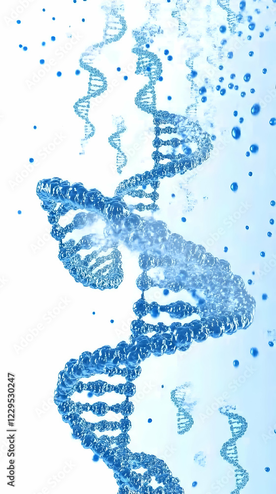 Poster 3d illustration of dna strands floating and rotating with bubbles on white background
