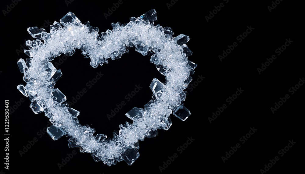 Poster ice crystals arranged in a heart shape on black background