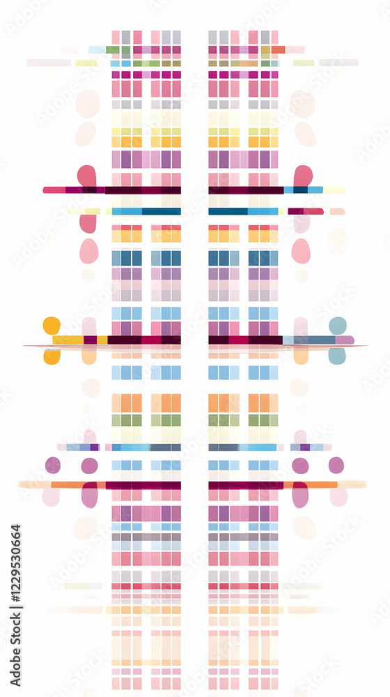 Poster abstract colorful pixelated grid pattern forms mirrored reflection with soft blurred shapes
