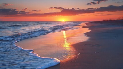 Naklejka premium Serene sunset over tranquil beach with gentle waves reflecting vibrant colors