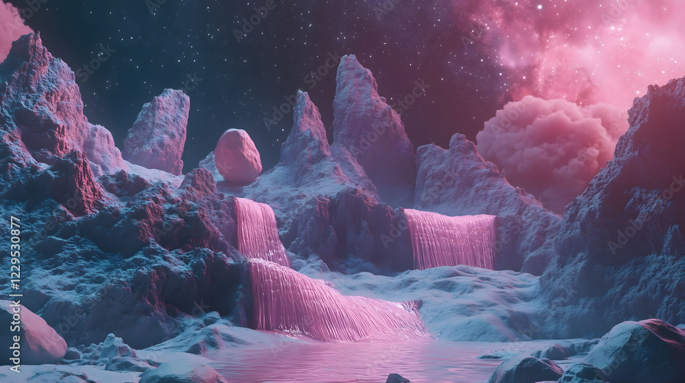 Poster whimsical mountain range with flowing waterfalls on a distant planet under a starry sky. generative 