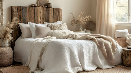 Cozy bedroom, rustic headboard, textured bedding, natural light, calm atmosphere, home decor