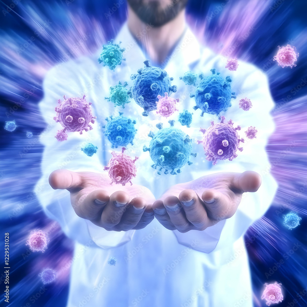 Poster scientist holds colorful virus cells in open palms with a blurred background